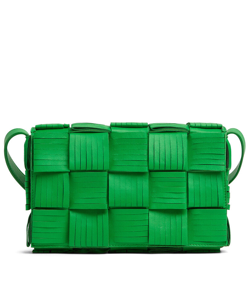 Bottega Veneta Cassette Fringed Intreccio Cross Body Bag Green